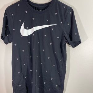 Nike women’s black Dri-Fit Athletic Cut tee with white logo & tan triangles Sz S